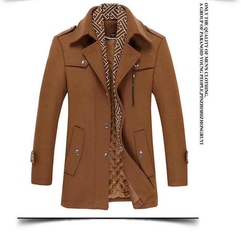 Men's Mid-Length Wool Coat with Scarf Collar and Thick Cotton Lining