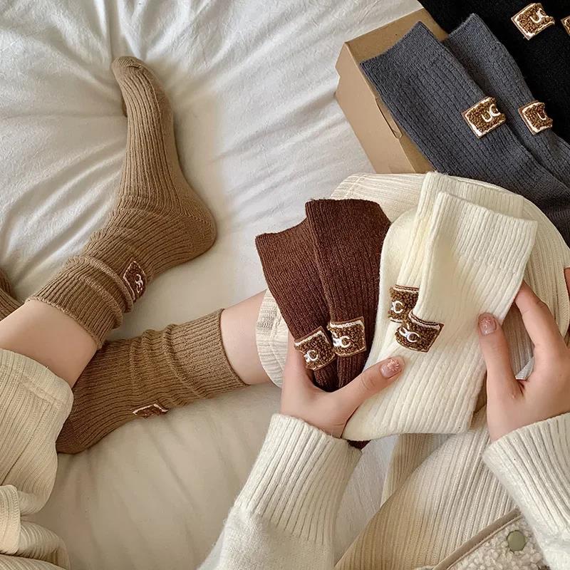 1Pair Winter Solid  Velvet Thickened Pile Socks Multicolored Embroidered Logo Warm Mid-Calf Length Socks Casual Cotton Socks