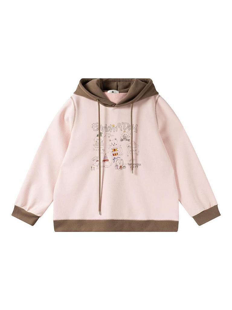 2025 Winter Plus Size Women's Cartoon Embroidery Hooded Fleece Sweatshirt W-260