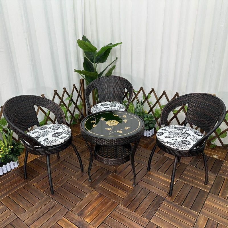 Three-Piece Chinese Style Rattan Table and Chair Set - Indoor Balcony Swivel Chair, Durable Round Five-Piece Swivel Design