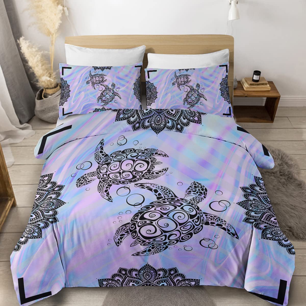 

Sea Turtle Duvet Cover Queen Size Boy Beach Turtle Comforter Cover Polyester 3Pcs Teal Aqua Blue Abstract Tortoise Bedding Collection EU King(240x220cm)