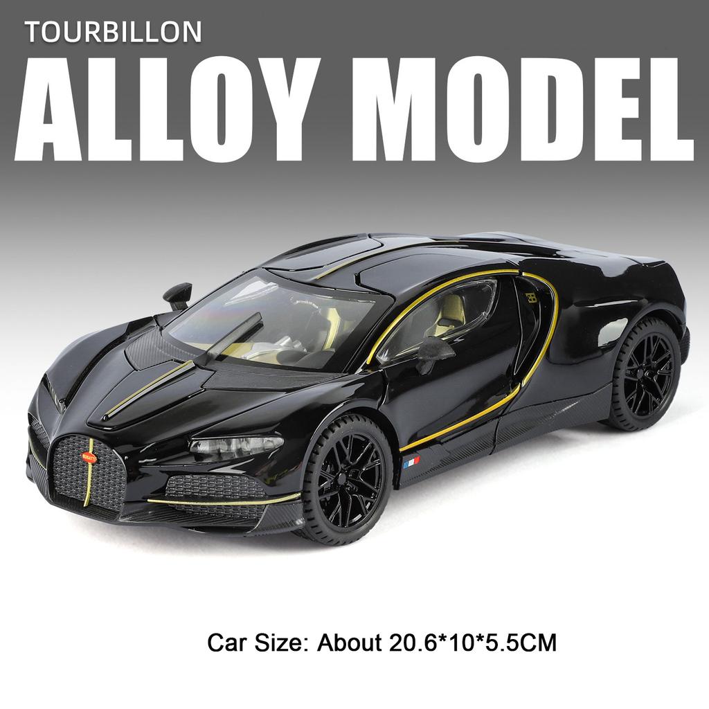 1:24 Tourbillon Bolide Car Model Toy Shock Absorption Supercar Sound Light Pull Back Metal Die-cast Models Office Table Ornament
