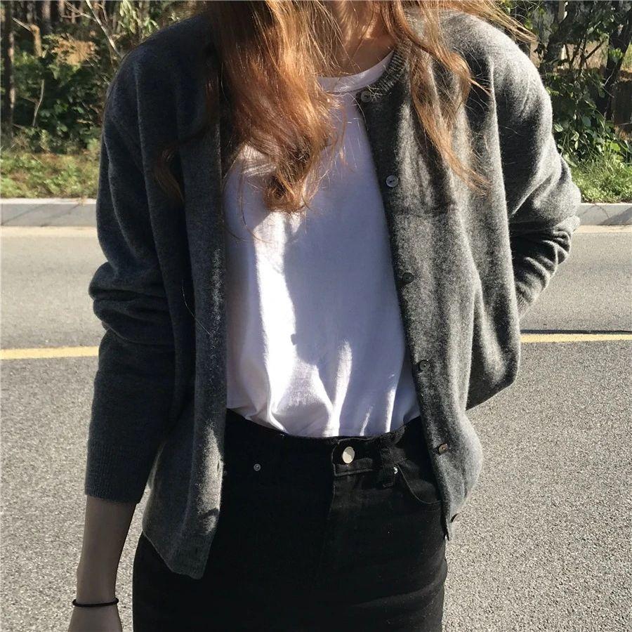 Long Sleeve Vintage Y2k Korean Knitted Cardigan Women's Autumn Winter Fashion O-Neck Versatile Slimming Basis Sweater