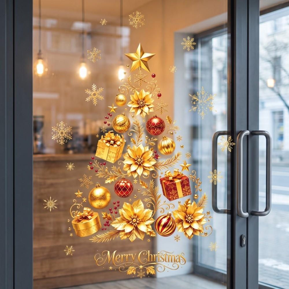 Golden Snowflake Christmas Tree Window Sticker Star Bow Static Cling Sticker Party
