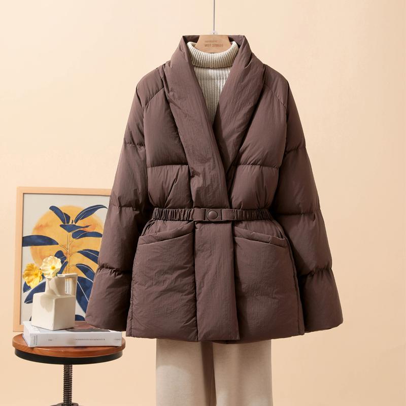 Women Down Jacket Casual Loose Belt V Neck Collar Fashion Autumn Winter Outwear Coat