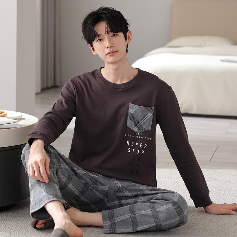 Men's pajamas spring and autumn pure cotton long-sleeved casual loungewear youth men's autumn thin cotton large-size suit
