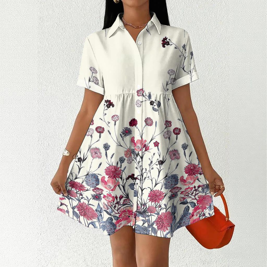 Casual Loose Fit Shirt Dress for Women Button Front Short Sleeve Collared Dress Lightweight Comfortable Summer Dress