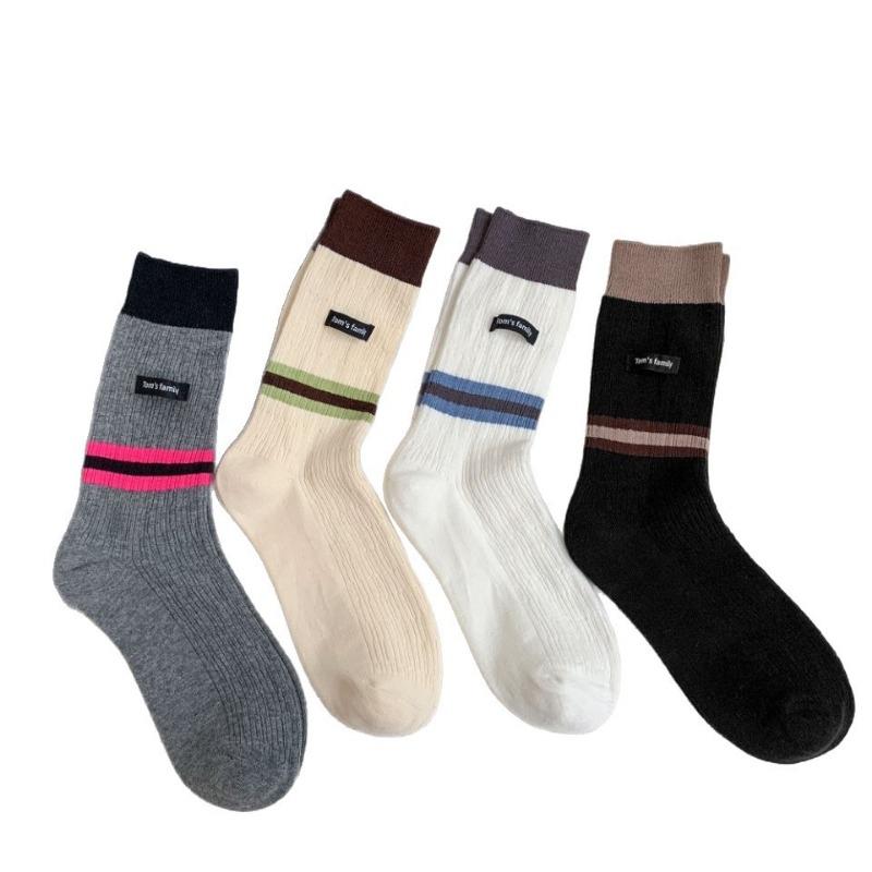 Women's Fall Collage Striped Letter Colored Cloth Logo Medium Tube Pile Socks