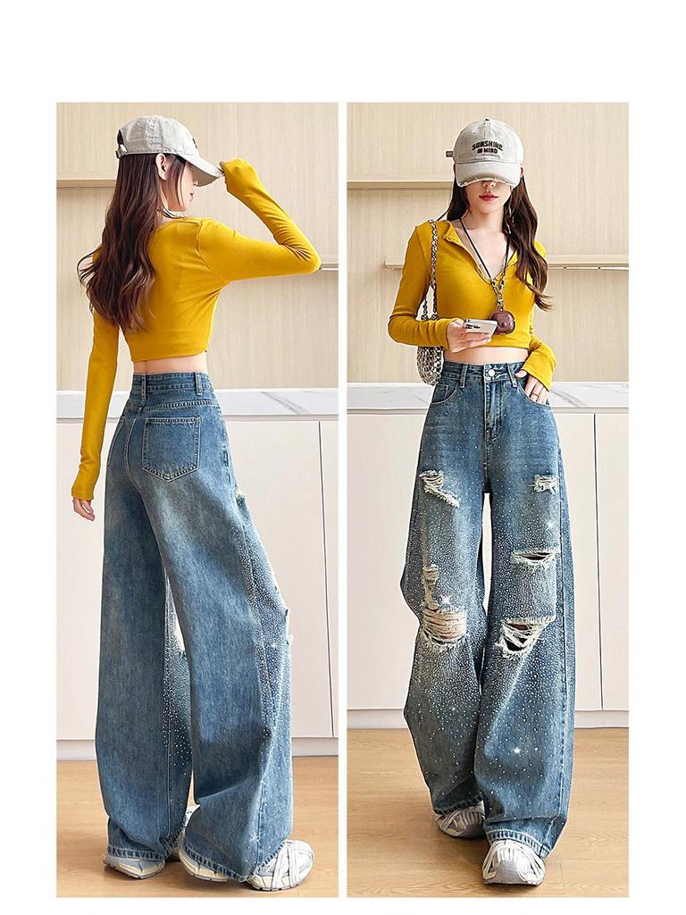 Starry Sky Rhinestone Ripped Floor-Length Jeans for Women