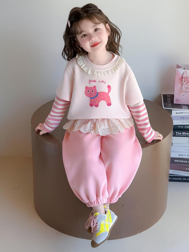 Mädchen Sweatshirt und Hose Set mit Spitzenkragen - Lässiger Frühlings-/Herbststil