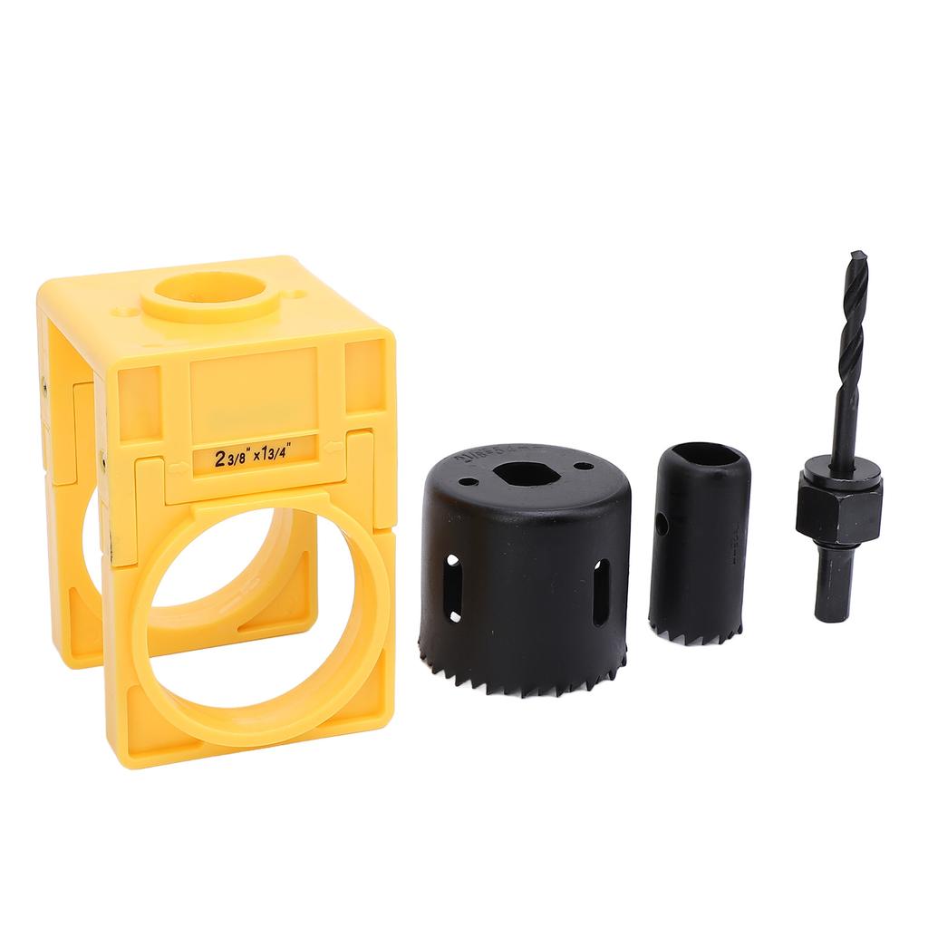 Zestaw montażowy zamka do drzwi z regulowanym szablonem prowadzącym, zamkiem kulkowym, otwornicą i trzpieniem do