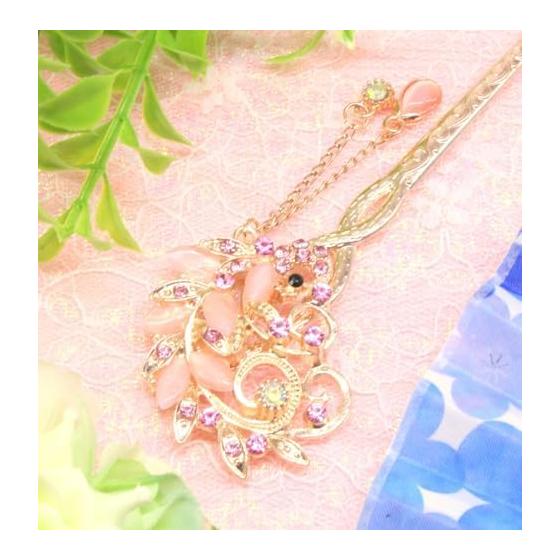 Miaomyao Hairpin, Antique Metal Peacock Hair Accessory, Pink Gold, for Kimono, Yukata, Formal Wear, and Casual Styles