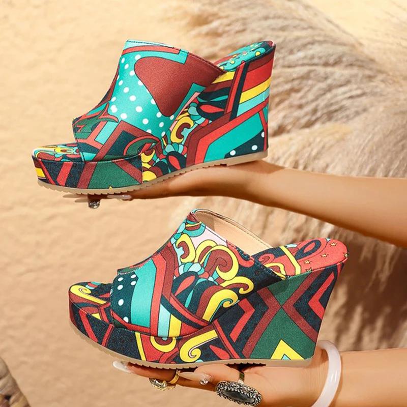 Colorful Graffiti Wedge Heel Sandals for Women Summer Peep Toe Chunky Platform Slippers Woman Thick Bottom Beach Sandals