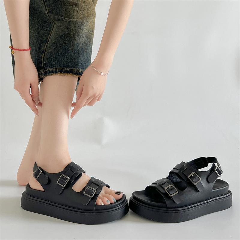 Popular Internet celebrity retro black platform one-word sandals women's 2025 new skirt with high-end Roman shoes