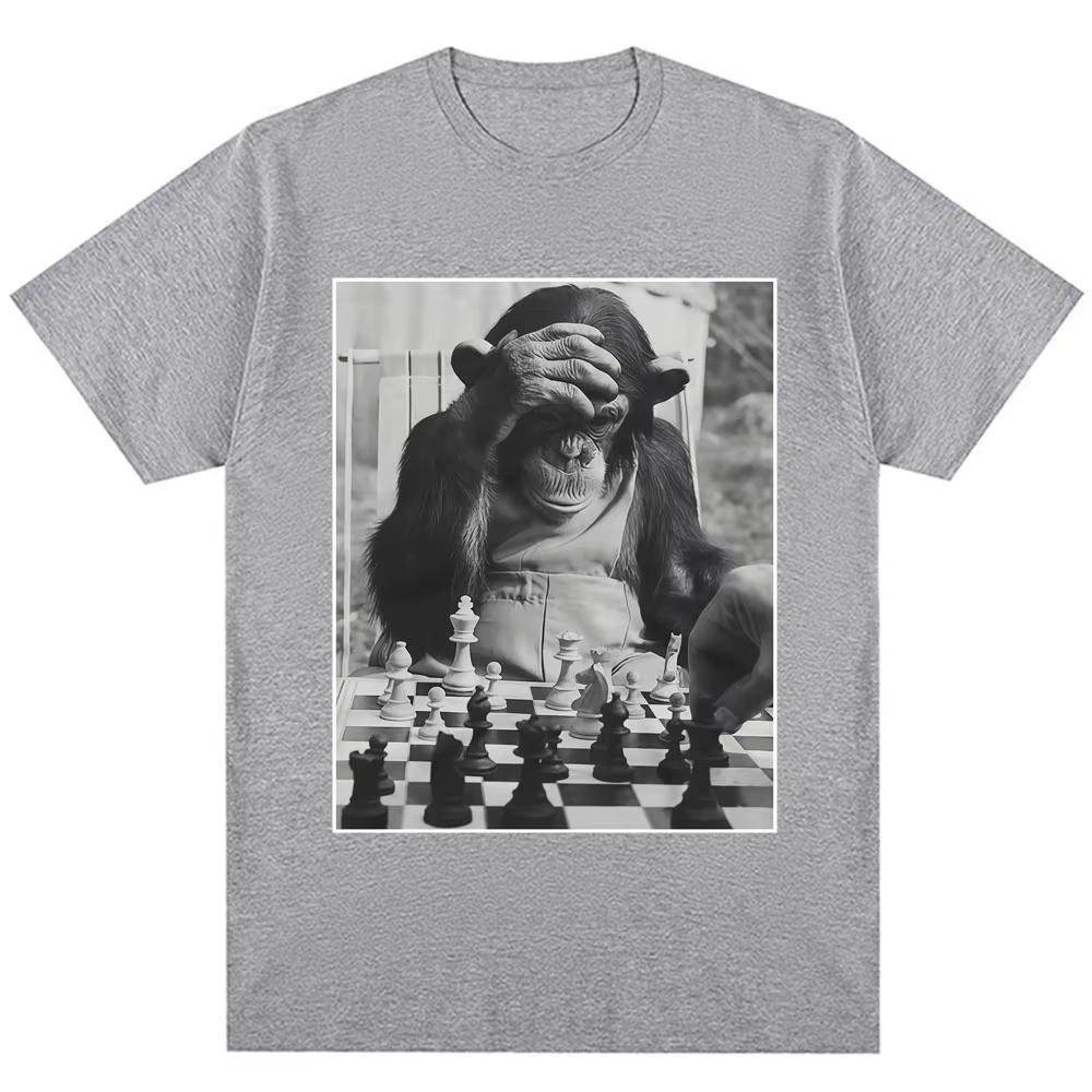 Funny Chimp Playing Chess Meme Graphic Tshirts Unisex Women Vintage Humor Tshirts Oversized Cozy Cotton Casual T Shirt Streetwear
