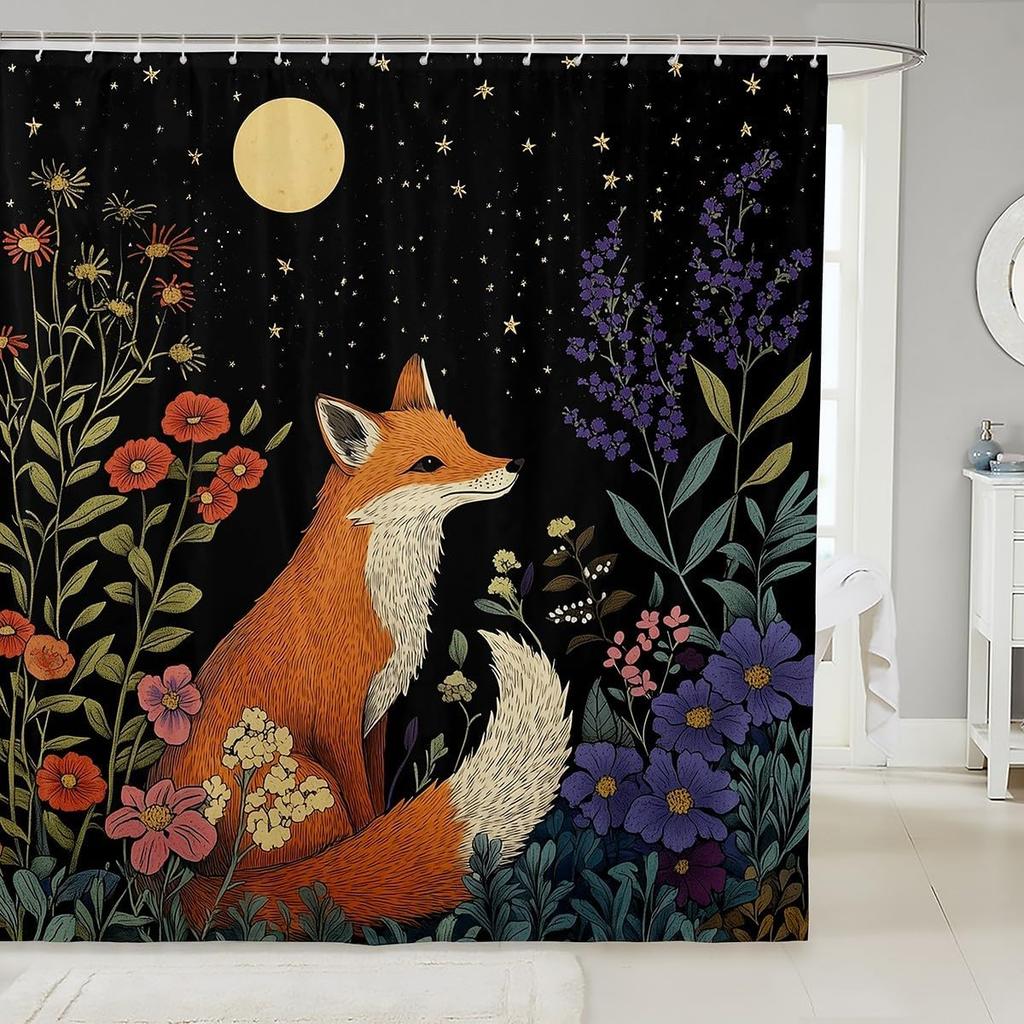 Pink Fox Shower Curtain Japanese Cherry Blossoms Bath Curtain Girls Teens Cute Cartoon Bathroom Shower Curtain Set Waterproof