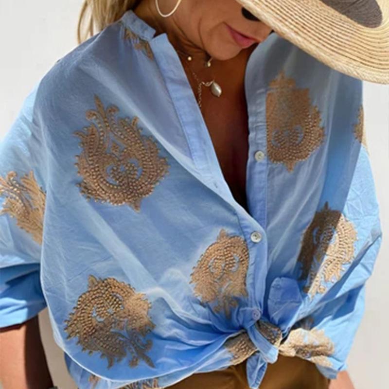 Women's Autumn Graphic Print Long Sleeve Shirt with Turn-Down Collar