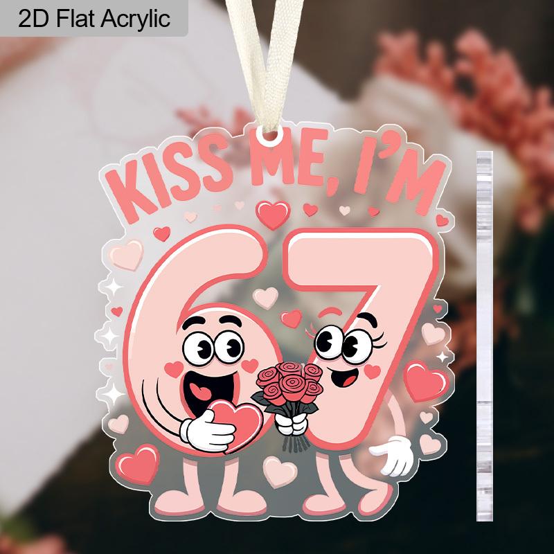 1pc/2pcs Valentine's Day Pink Number 67 Kiss Me Transparent Acrylic Pendant with Milky White Rope, Girlfriend Gift, Wife Gift, Backpack Pendant