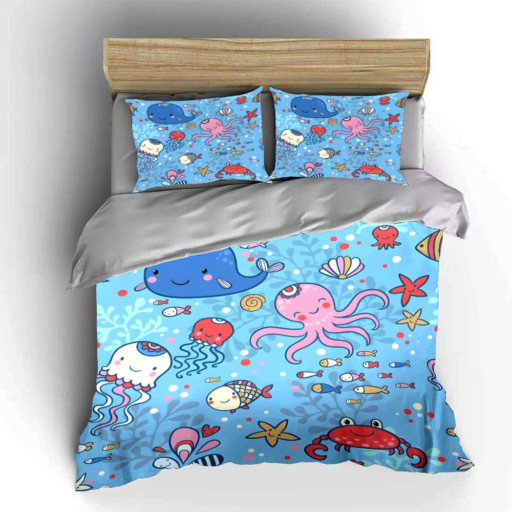 Cute Ocean Animals Pattern Bedding Duvet Cover Set (1*Duvet Cover 2*Pillowcases, without duvet insert)