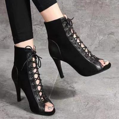 Sapatos para mulheres 2024 Moda Lace Up Sandálias femininas Ao ar livre Sólido Conciso Biqueira aberta Salto alto Diário Sandálias boca de peixe Mulheres