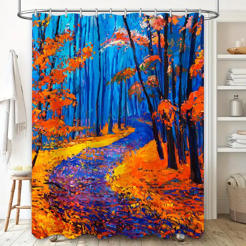 Vivid Autumn Forest Shower Curtain Waterproof Fabric with Soft Touch for Bathroom Decorations in Blue Orange Red Colorful Print