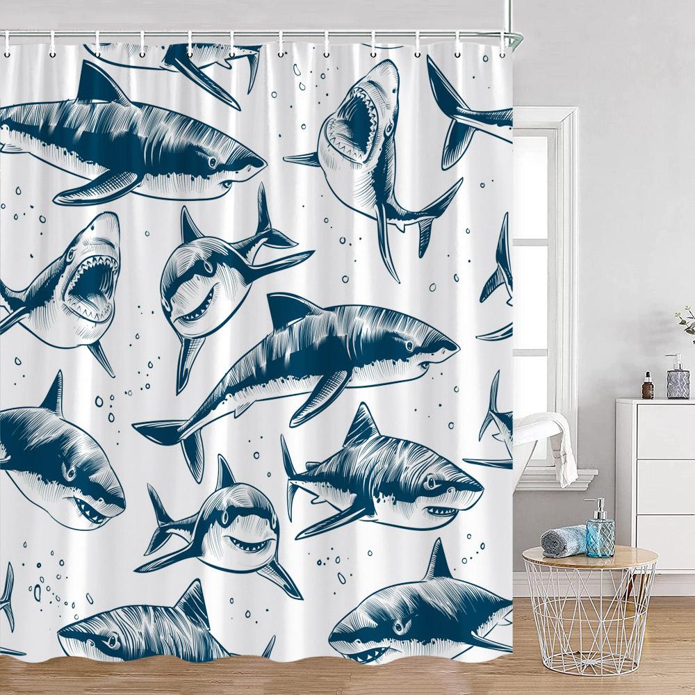 Ocean Animals Nautical Cartoon Shower Curtains Tropical Fishes Sharks Shell Sea Turtle Bathroom Decorations Kids Bath Curtain Wi