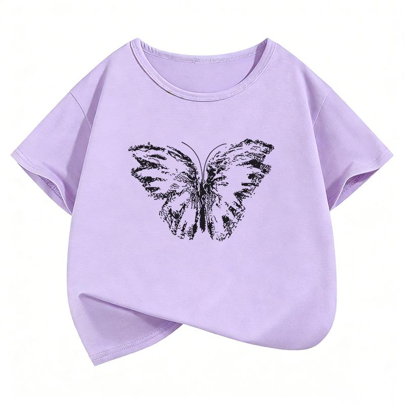 Retro Butterfly Design Printed T Shirts Short Sleeve Kids Childrens Tshirt Boys Girls Summer Spring Casual Top Tee Shirt