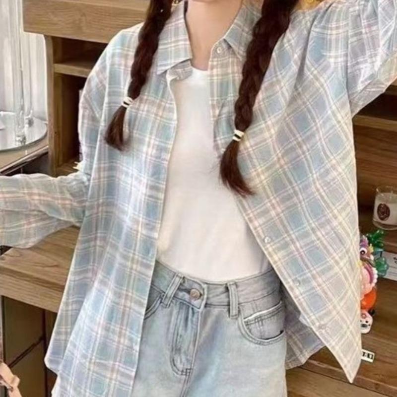 Hellblau Kariertes Damenhemd Umlegekragen Einzelne Tasche Einreihig Damenmantel Koreanischer Herbst Neuer Trend Lässiges Damen Langarm-Oberteil