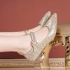 Mom Single Shoes Women's Fashion 2025 Spring and Autumn New Versatile Thick Heel Pointed High Heels Magic Buckle Rhinestone Wedding Shoes
