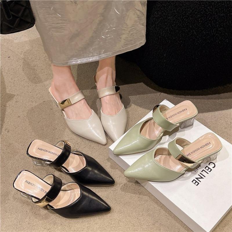Baotou matcha high-heeled sandals spring new one-word pointed fashion single shoes women's thick-heeled slippers