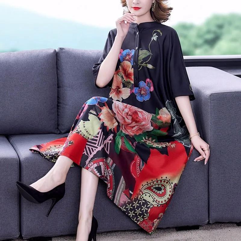 Women's Black Floral Print Midi Batwing Sleeve Loose Casual Party Dress