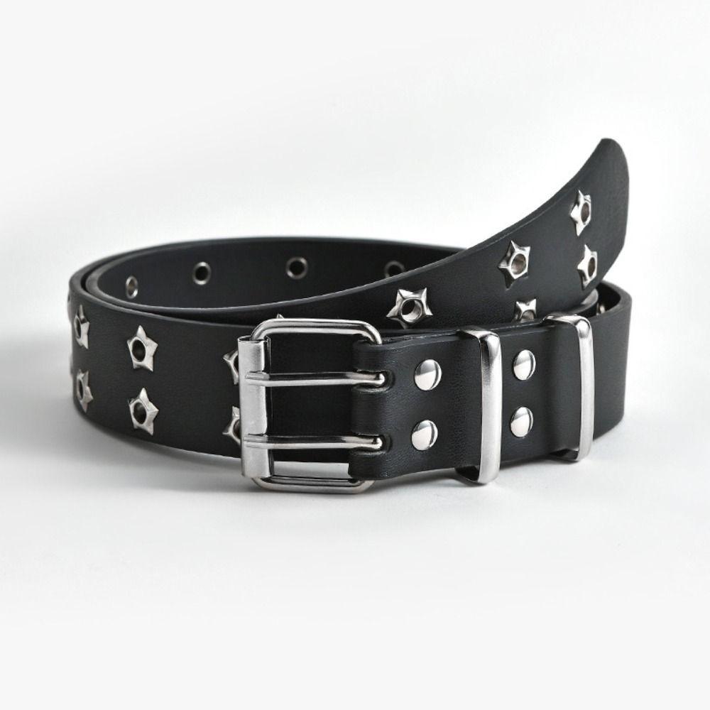 Star Eyelet Gothic Leather Belt Punk Rock Style Waist Band Y2k Double Pin Buckle Waistband