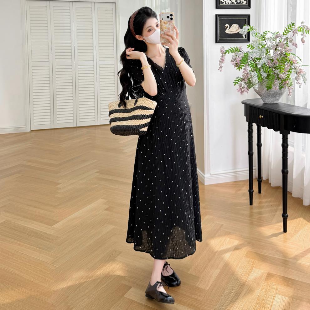 2026 Summer French V-Neck Short Sleeve Floral Maternity Dress