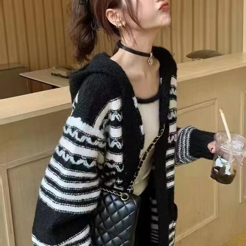 Retro Hooded Sweater Jacket Women's Lazy Style High-end Sense Medium and Long Design Sense Contrasting Color Striped Knitted Cardigan
