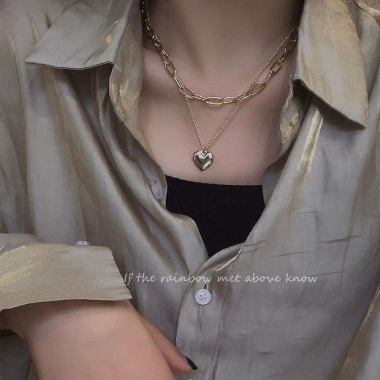 iF ME Korean Retro Heart Pendant Multilayer Gold Necklace Elegant Simple Necklaces Jewelry Accessories