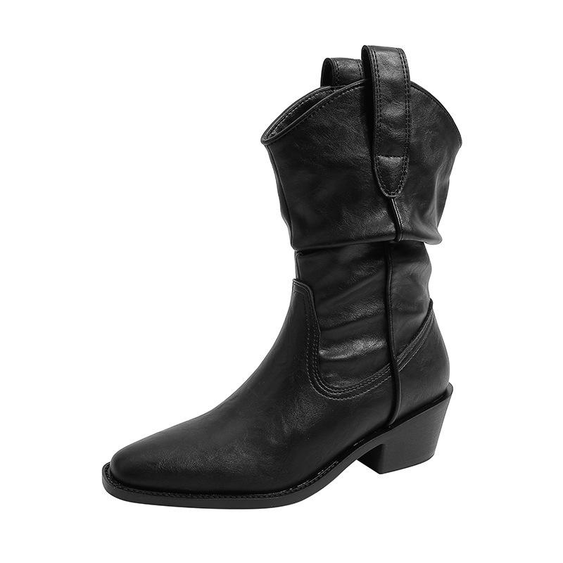 

Retro pointed head solid color thick sole thick heel medium tube thin boots femininity fashionable versatile Maillard thin pile boots 40 чорний