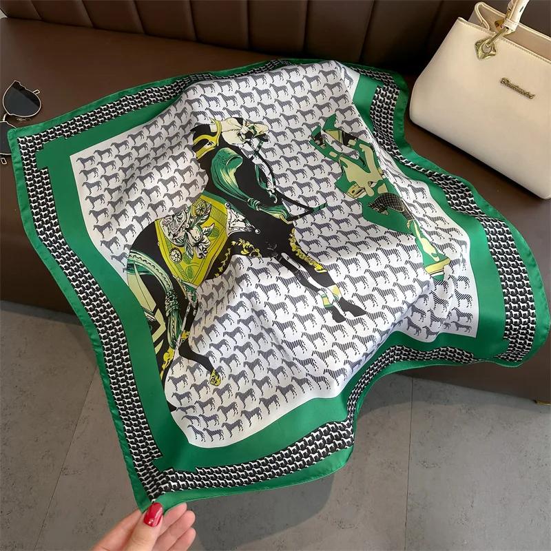 Horse Printing Silk Scarf Hijab Women Luxury Design Square Scarf Girl Ribbon Hairband Neckerchief Foulard Hair Band 70*70Cm