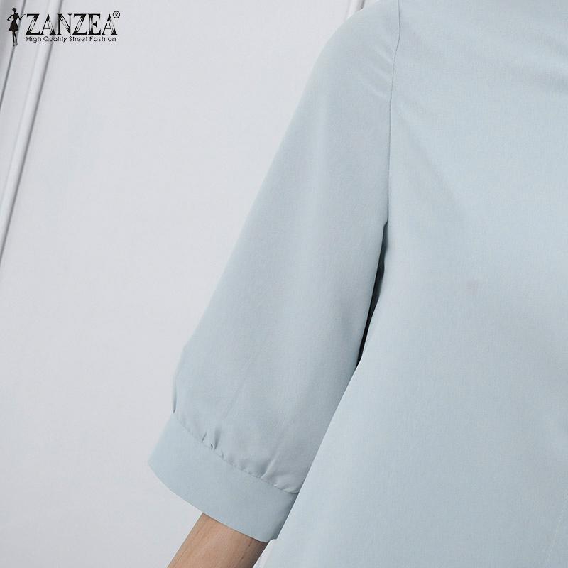 ZANZEA Women's V-neck 3/4 Sleeves Buttoned Pleated Solid Color Loose Dress