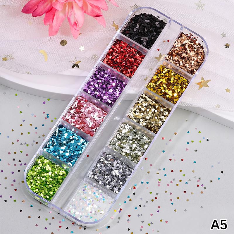 12 Grids Mixed Star Heart Nail Glitter 1Mm Star Sequin Nail Art Diy Colorful Sparkling Nail Charms Nail Decoration Accessories