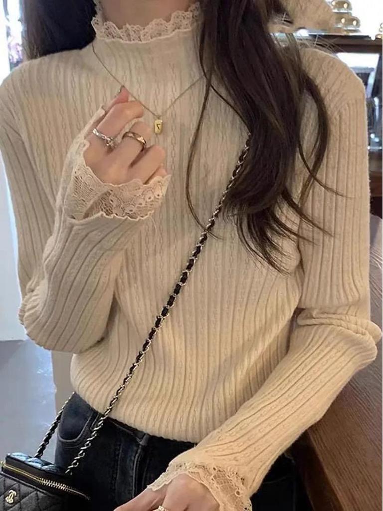 Plus Size Lace Trim Knitted Sweater - Women's Autumn/Winter Slim Fit, Semi High Neck, Long Sleeve Top