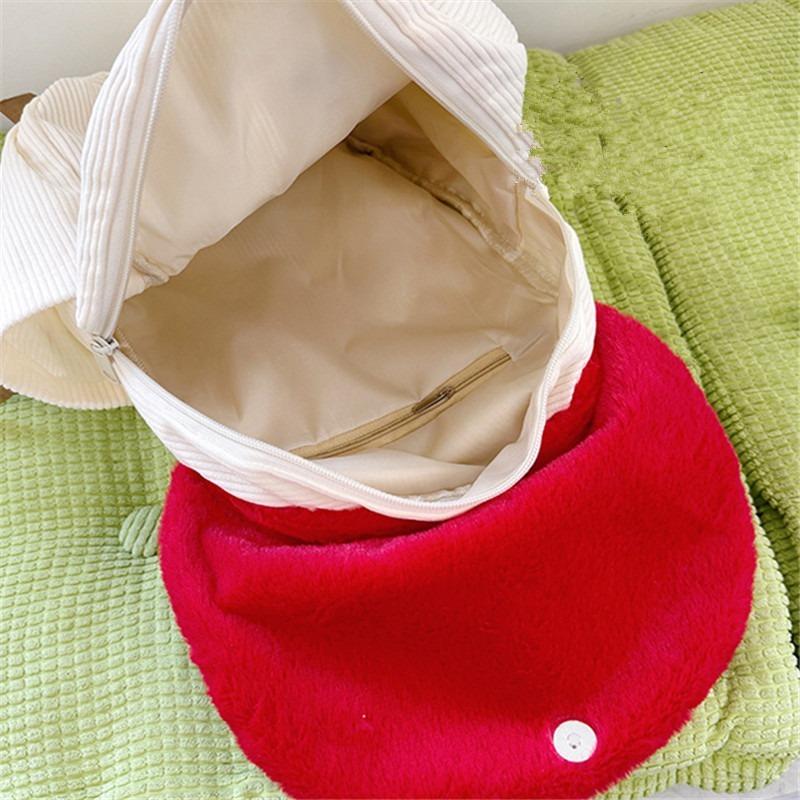 Women's Kawaii Plush Mushroom Backpack Cute Tote Bag with Adjustable Straps Zipper Closure Corduroy Red/White Student Backpacks
