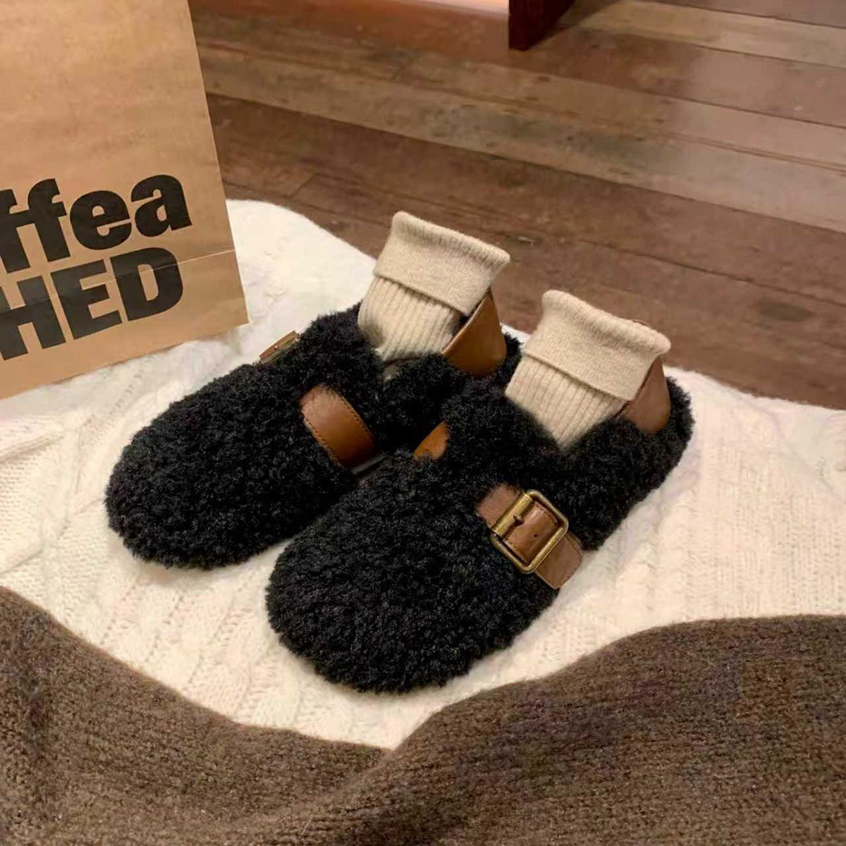

Wool~ niche color matching to keep warm can step on heels Mao Mao Birkenstock shoes women s fleece thickened metal buckle Mao Mao single shoes 40
