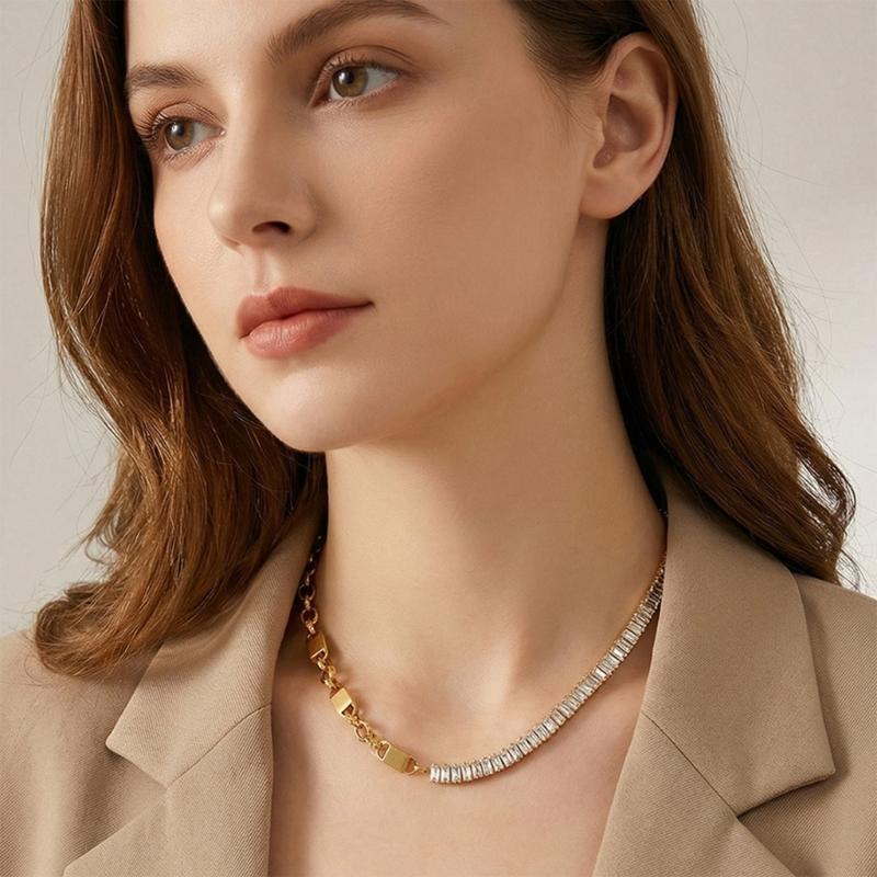 Geometric Zirconia Chain Necklace Stainless Steel Adjustable Length Collarbone Chain For Women Layering Jewelry