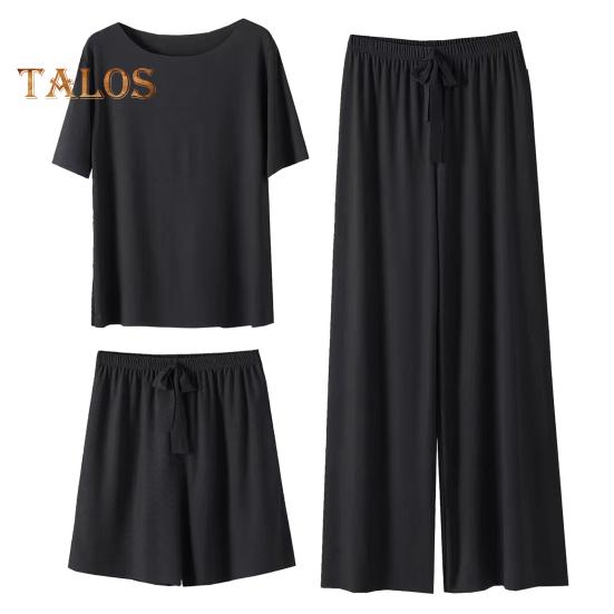 

Женский летний пижамный комплект из 3 шт./компл., футболка с короткими рукавами и круглым вырезом, шорты с эластичной резинкой на талии, широкие плиссированные брюки, женская одежда для дома, комплект одежды для сна, топ домашней одежды чёрный