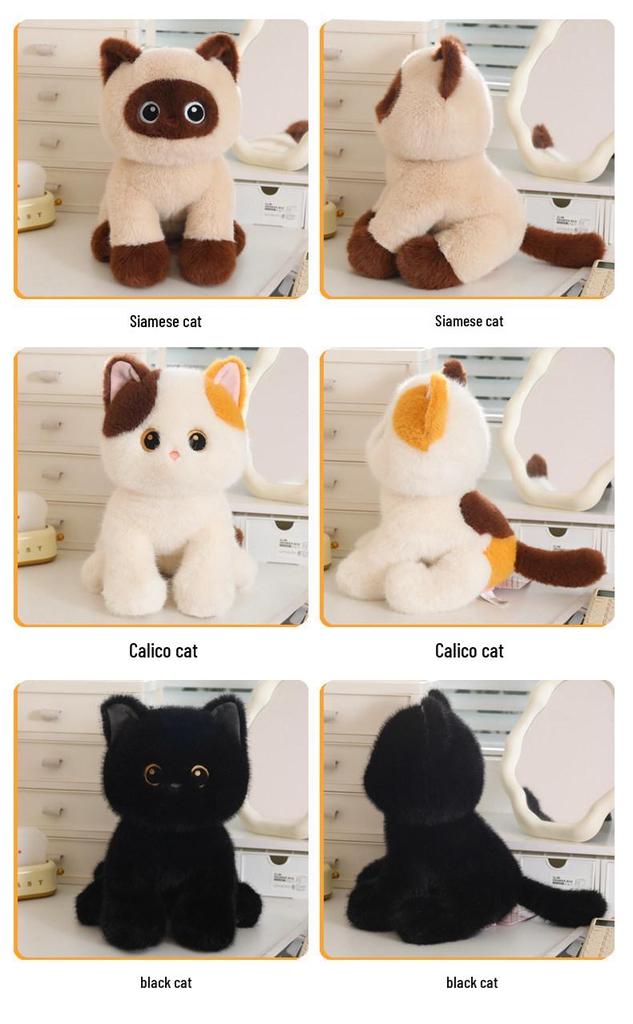 Cute Cat Plush Toy Trio: Siamese, Black, and Calico Soothing Dolls for Kids