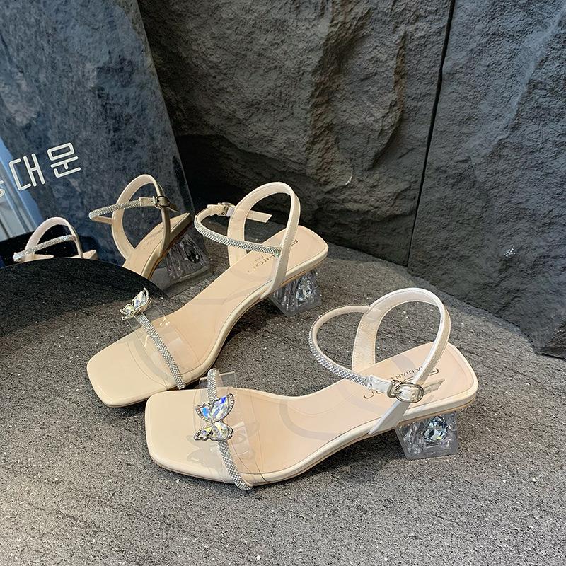 

French crystal cool slippers women s outerwear 2024 summer new beautiful bow rhinestones with skirt thick heels are not tired 35