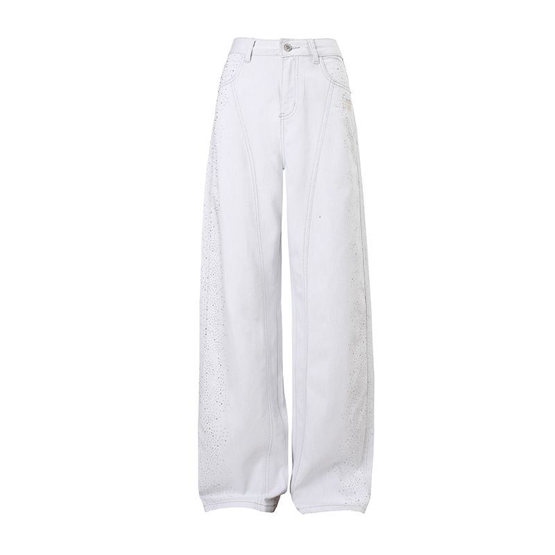Early Spring Full Star Rhinestone Raised Side Seam Relaxed Floor Wide Leg Denim Pants For Women Casual Pants Oversize Denim Trousers