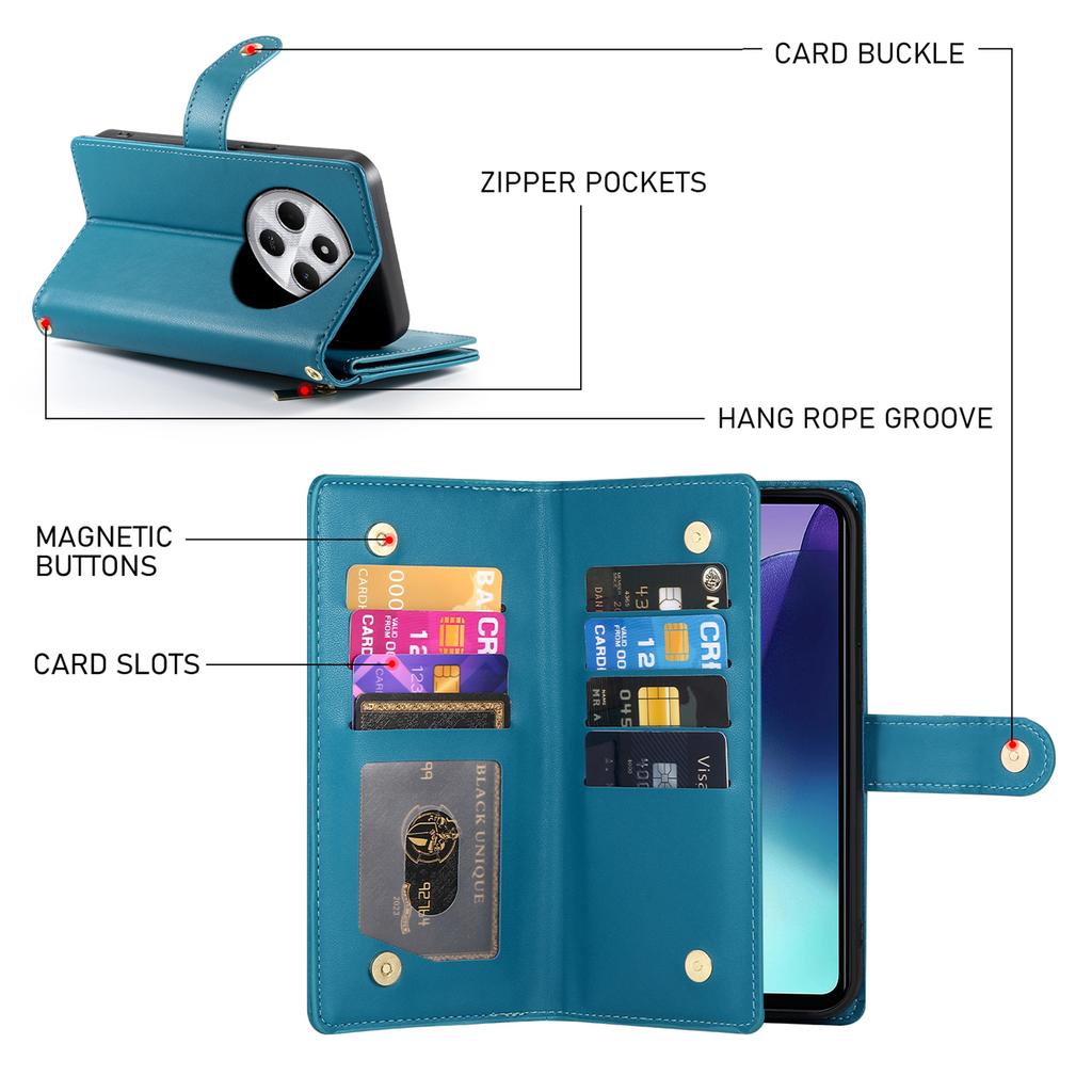 DF-011 Leather Case For Xiaomi Poco C75 4G/Redmi 14R 5G/14C 4G Zipper Pocket Wallet Phone Cover with Straps