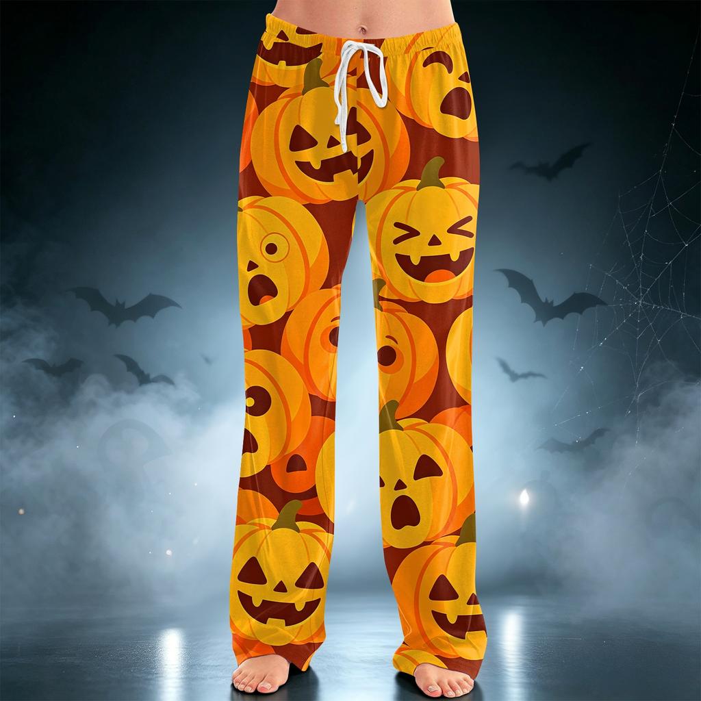 Women's Halloween Print Drawstring Wide Leg Pants for Casual Home Wear