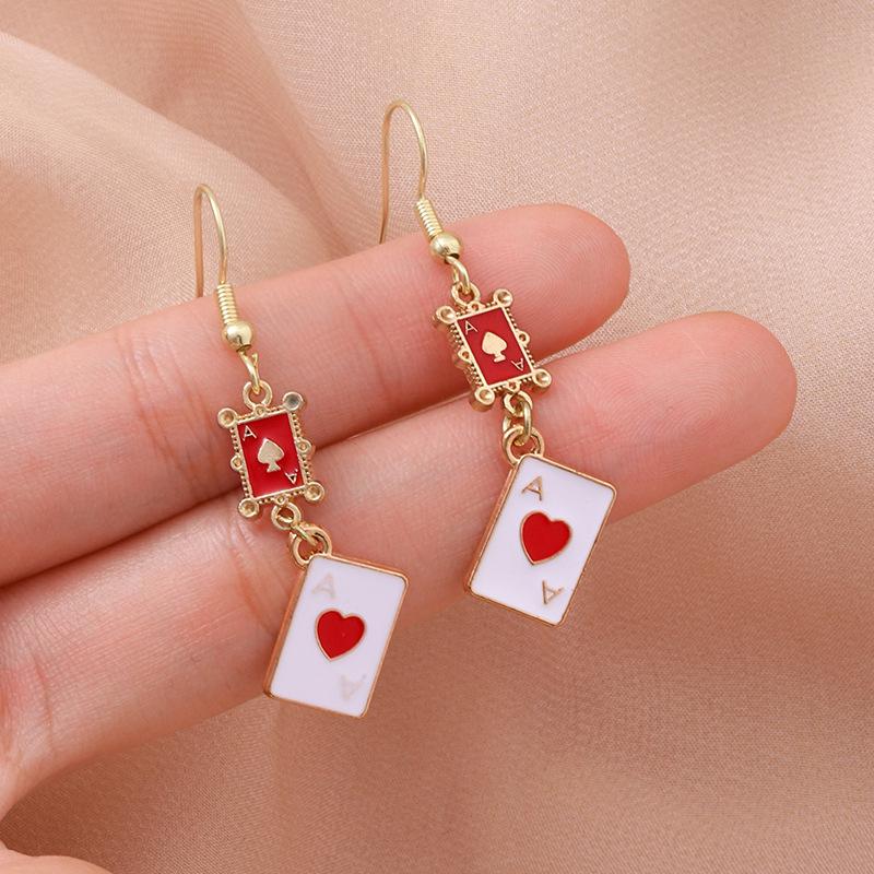 High-End Alloy Playing Card Pendant Earrings - Women's Heart & Spade Design